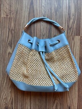 Stylish Blue & Natural Woven Bucket Bag